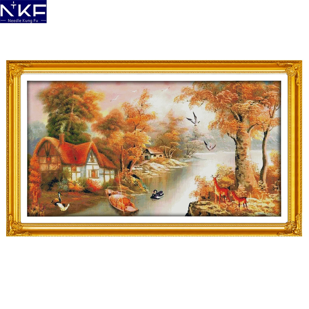 

NKF With Mountain and River Chinese Cross Stitch Pattern DIY Needlework Embroidery Scenery Cross Stitch for Home Decor