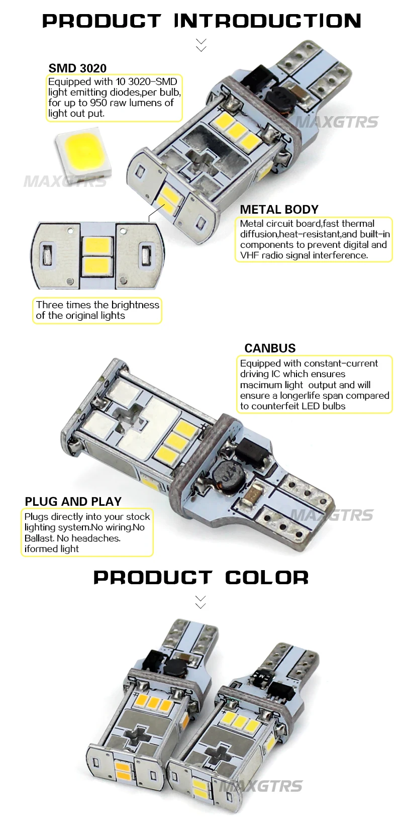 MAXGTRS 2x921 912 T15 W16W светодиодный светильник CANBUS без ошибок для автомобиля, задний фонарь, белый янтарь, теплый белый 4300K