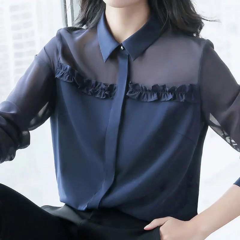 

Spring Women Shirt Plus Size long sleeve Chiffon Patchwork Hollow Out OL Shirts Office Lady Blouses Female Casual Tops D82