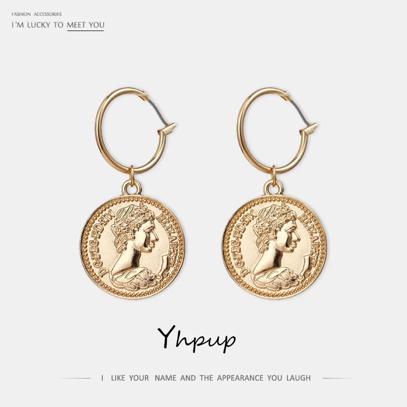 Yhpup трендовые винтажные Медузы из цинкового сплава, монета, кулон с портретом, висячие серьги, золотые этнические серьги для женщин, очаровательные ювелирные изделия, подарок