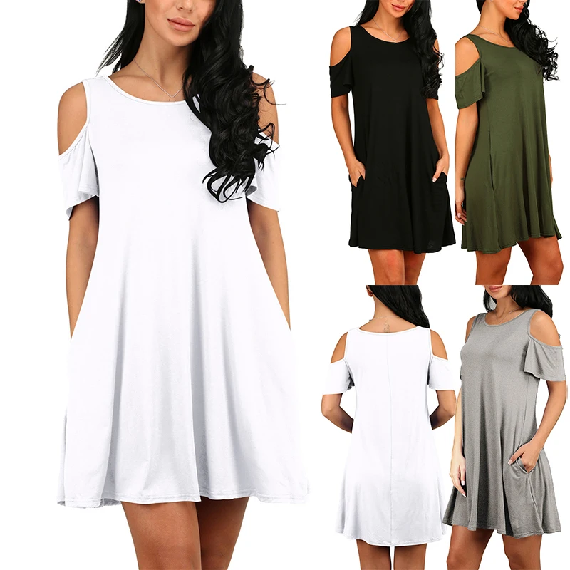 Сексуальное женское однотонное платье с открытыми плечами свободное вырезом