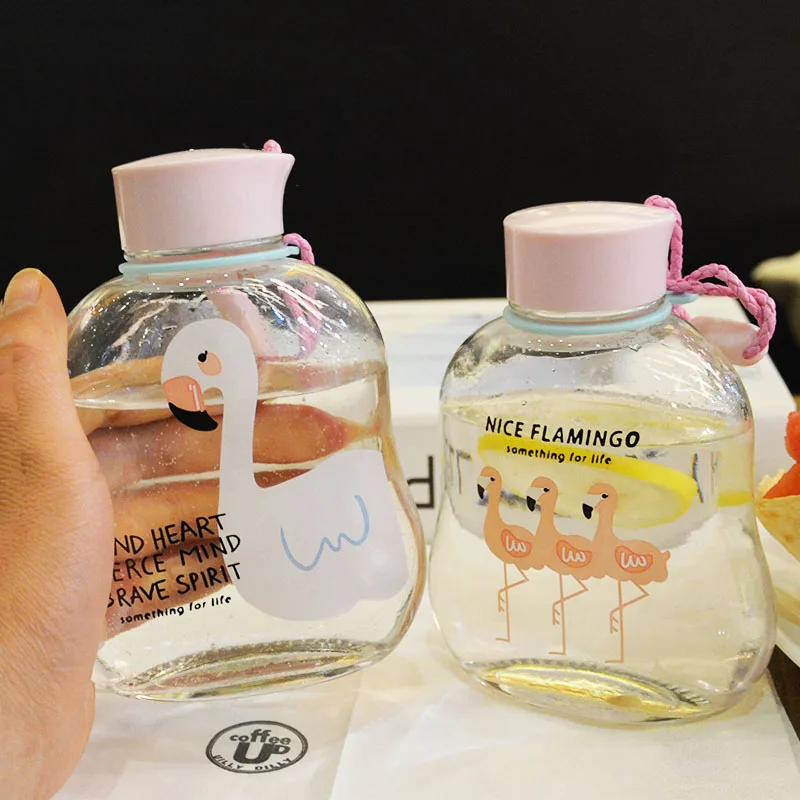 Милый Фламинго узор стеклянная бутылка для воды с поясом герметичная сока модный