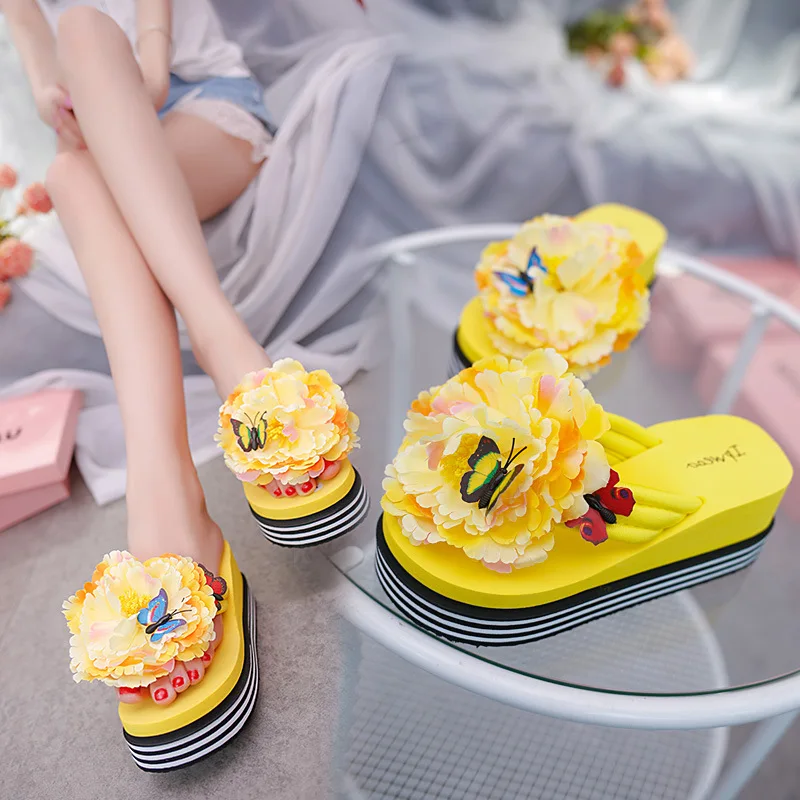 Женские сандалии на танкетке 6 см шлепанцы платформе пляжная обувь с цветами