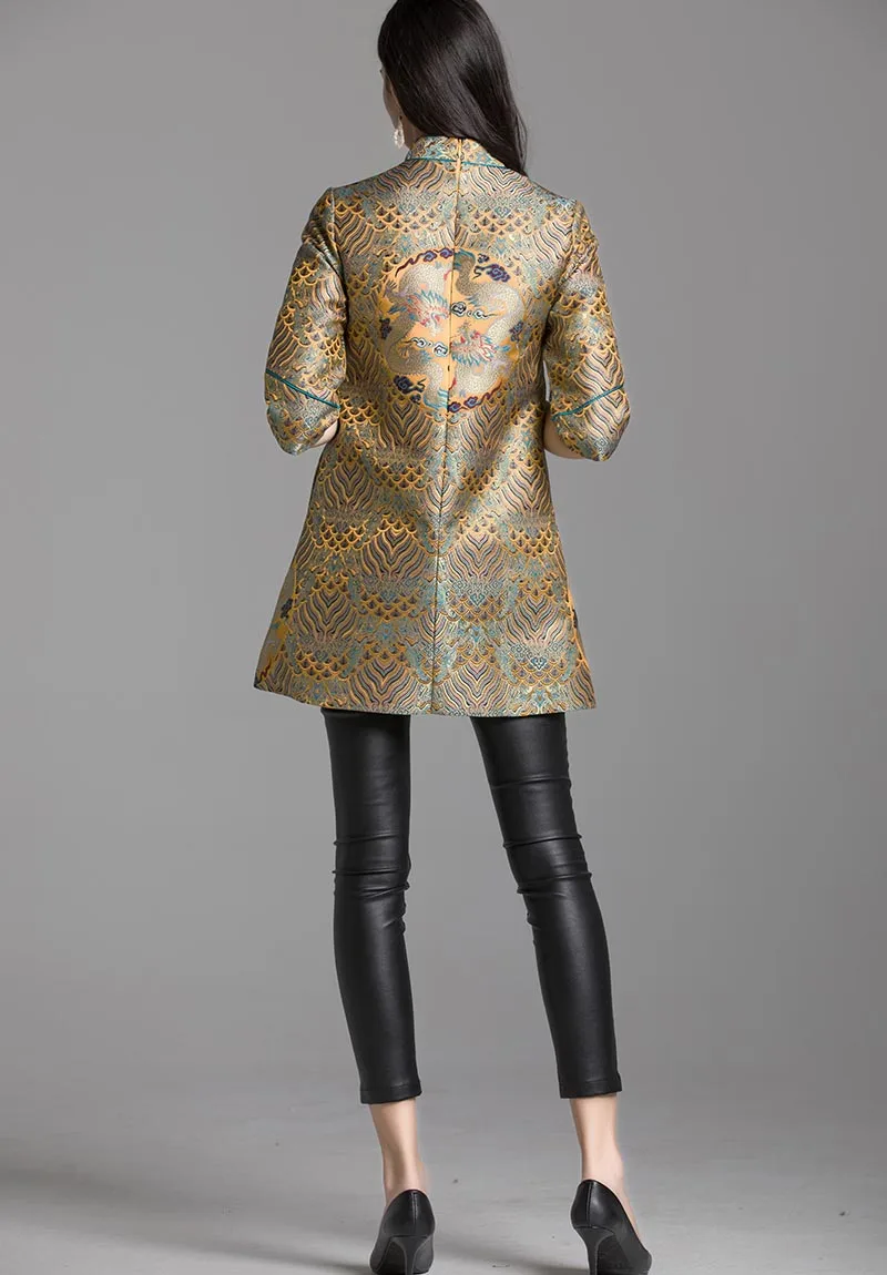 Женское жаккардовое платье-Чонсам с драконами высокого качества на весну и осень