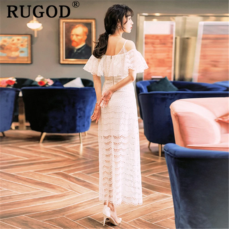 RUGOD Elegant party dress for women Fashion spaghetti strap hollow out long maxi vestidos Vintage off shoulder white | Женская одежда