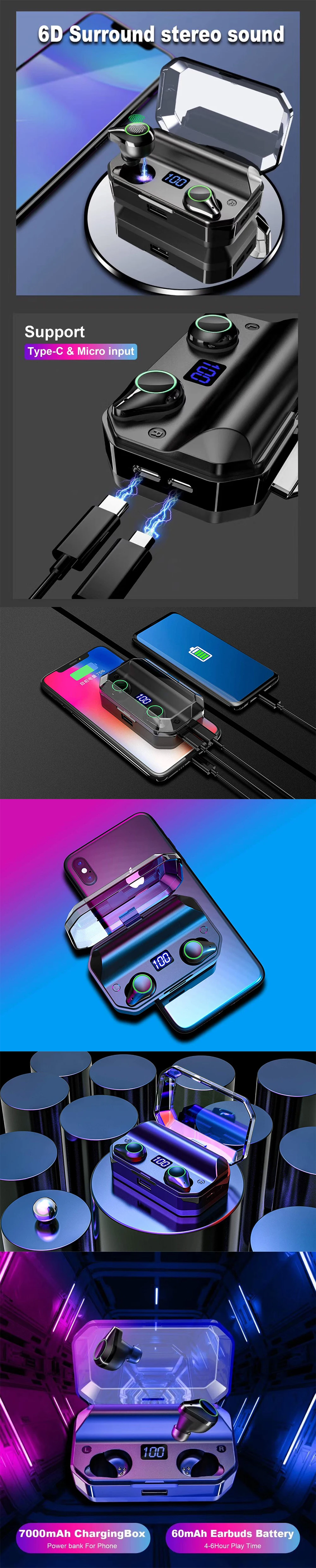 Светодиодный дисплей беспроводные Bluetooth наушники 5,0 Touch стерео Bluetooth наушники IPX7 Bluetooth стерео наушники-вкладыши 7000MA power Bank