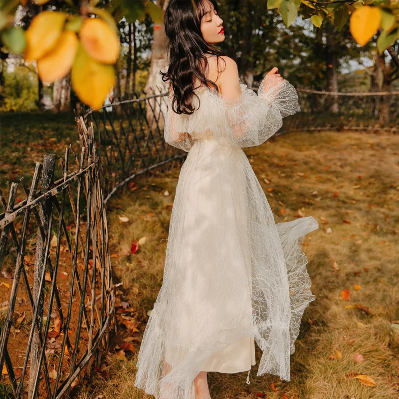 YOSIMI летнее бежевое кружевное длинное женское платье Vestidos богемная туника с длинным рукавом и круглым вырезом вечернее платье длиной до щиколотки