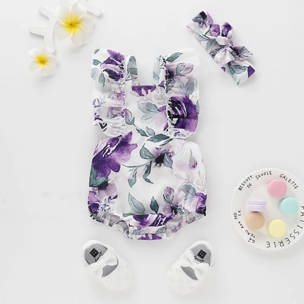 Летняя одежда для новорожденных девочек Детский комбинезон с повязкой на голову