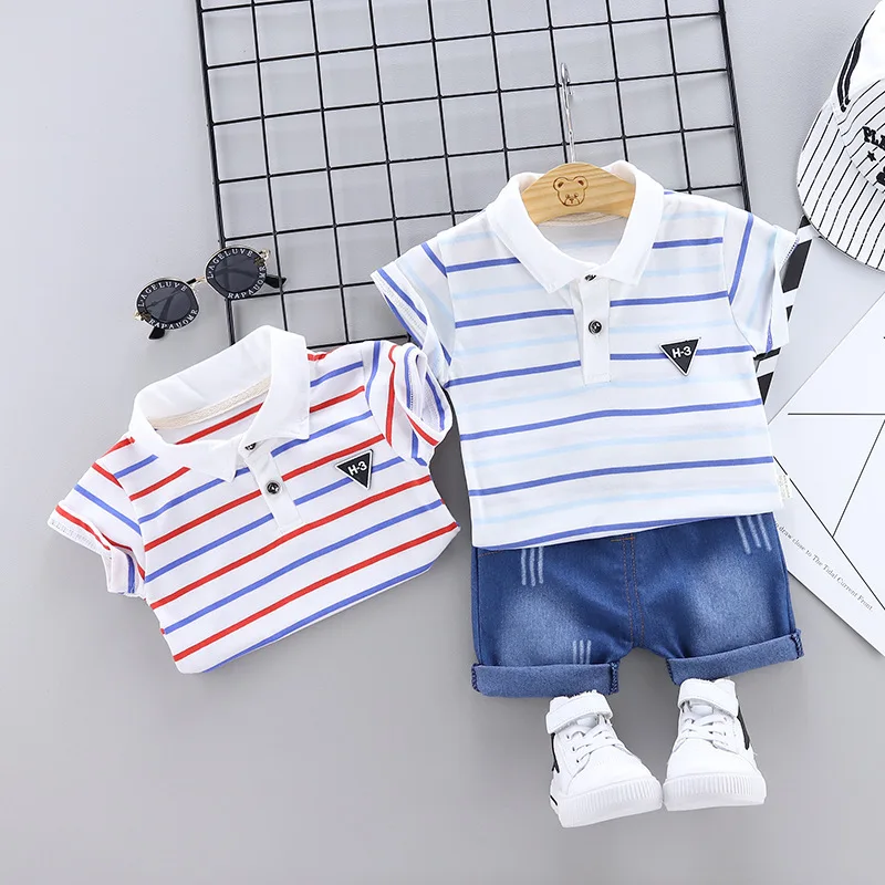 2019 Summer Boy Sets Children's clothes kids Striped Lapel Short Sleeve T-Shirt + Shorts 2 pieces Children Set | Детская одежда и
