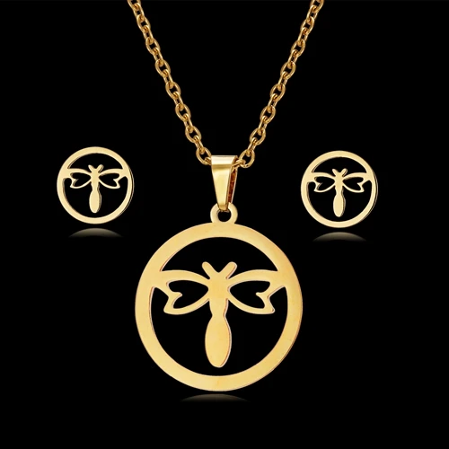 dragonfly Rinhoo набор ювелирных изделий с животными, собаками, бабочками, дельфинами, сердечками, звездами, листьями, женский золотой цвет, ожерелье из нержавеющей стали, серьги, ювелирный набор - Окраска металла: dragonfly