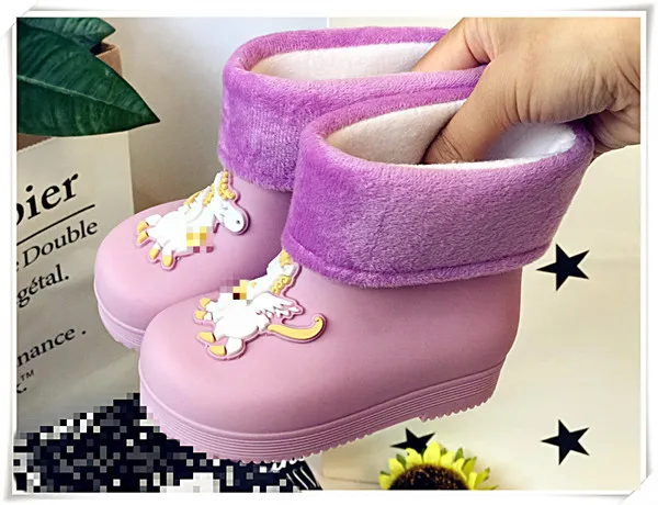 Purple pink thick Детские осенне-зимние непромокаемые сапоги; модная детская водонепроницаемая обувь с единорогом; детские сапоги для девочек; зимние плотные SH19072 - Цвет: Purple pink thick