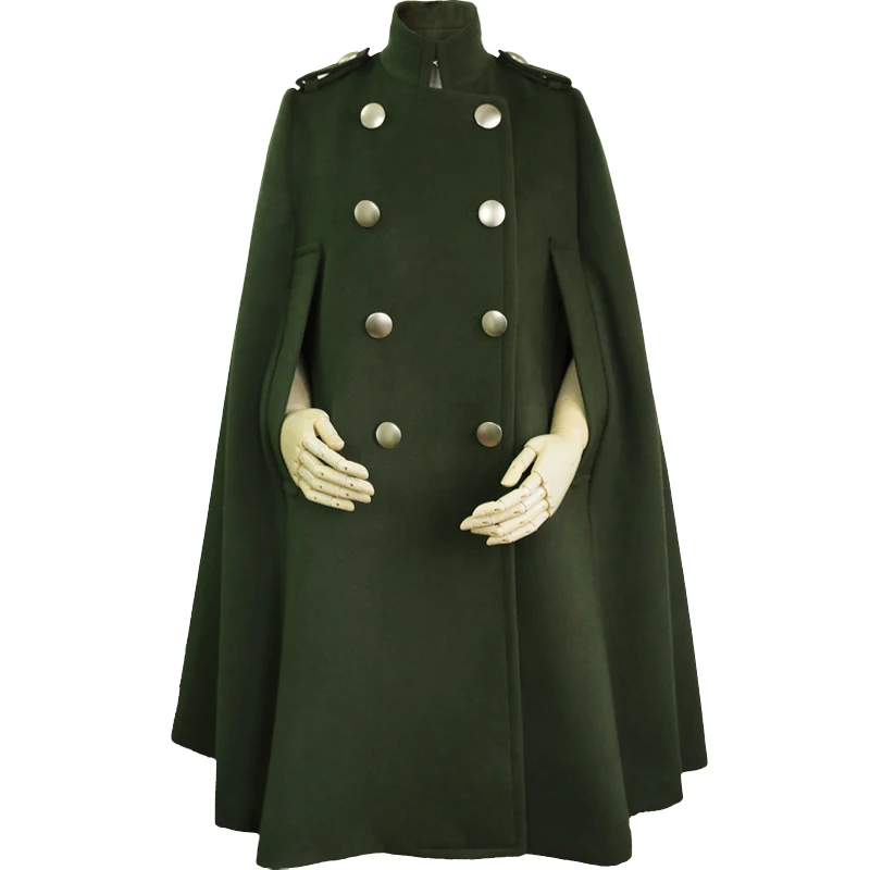 army green Модное осеннее зимнее двубортное шерстяное пальто со стоячим воротником шерстяное пончо Женское шерстяное пальто с рукавом летучая мышь - Цвет: army green