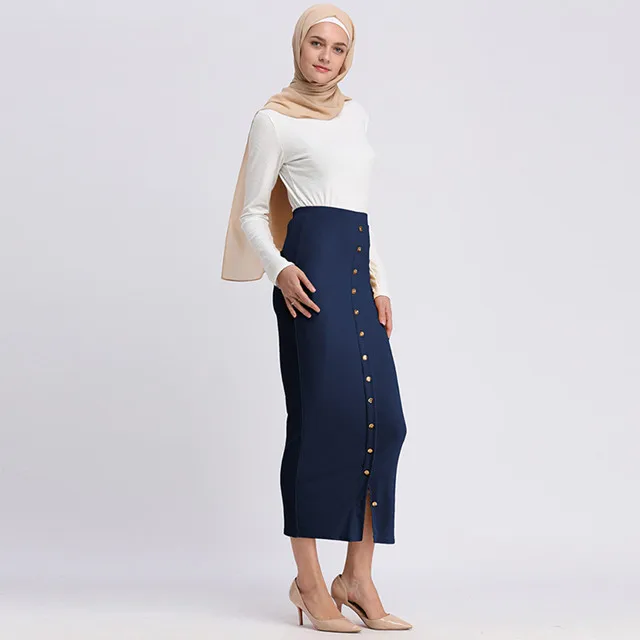 Синий Размера плюс Faldas Mujer Moda Jupe Femme abaya мусульманская женская облегающая юбка с высокой талией и пуговицами длинные исламские юбки Одежда - Цвет: Синий