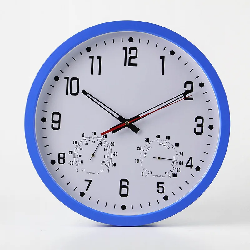 White Dial-Blue 14 дюймовые бесшумные кварцевые настенные часы с термометром гигрометром, бесшумные механические настенные часы, современный дизайн - Цвет: White Dial-Blue