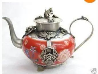

Tibetan Silver Refined Tibet Red Porcelain Silver Lion/Phenix Tea Pot tools wedding Decoration Brassroom Art Statue