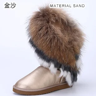 Metal Sand INOE зимняя обувь из овечьей кожи меховая подкладка из натуральной овчины с опушкой из лисьего и кроличьего меха модная женская зимняя обувь зимние сапоги Водонепроницаемые теплые сапоги на плоской нескользящей подошве - Цвет: Metal Sand