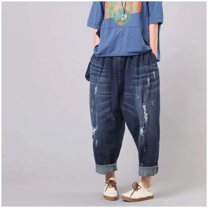 Корейские модные рваные джинсы в мужском стиле женские шаровары с эластичной