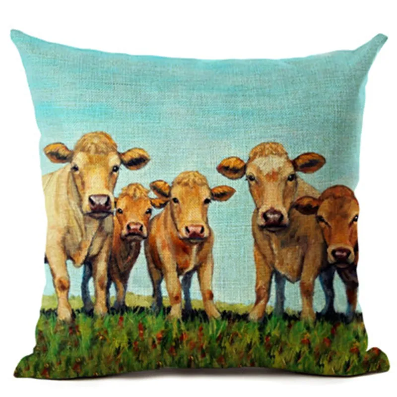 Наволочка для декоративной подушки из льна и хлопка с изображением коровы/свиньи