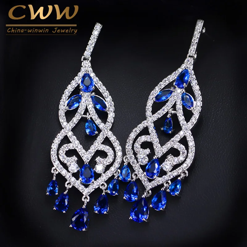 CWWZircons, Европейский синий Фианит, кристалл, кисточка, висячие серьги, длинная люстра, серьги для свадьбы, выпускного, ювелирные изделия для женщин, CZ116