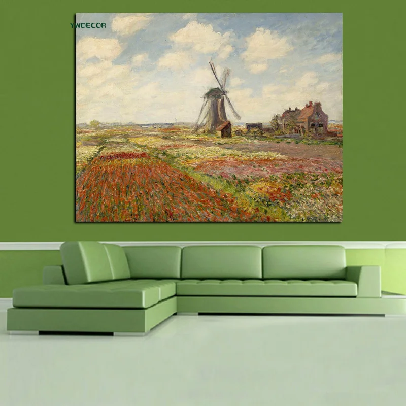 YWDECOR печать тюльпанов с ветряной мельницей Клода Мона картина маслом на холсте Искусство импрессионистов Настенная картина для гостиной
