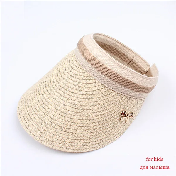 JS-beige-kid USPOP, Хит, Женские соломенные шляпы от солнца, с пустым верхним козырьком, соломенные кепки, на каждый день, с большими полями, с бантом, летняя пляжная шляпа для женщин и девушек - Цвет: JS-beige-kid