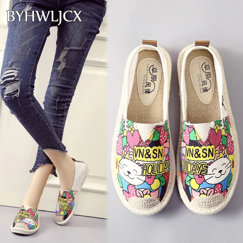 summer women's flat shoes breathable graffiti canvas linen women espadrilles non-slip casual white sneakers ballet flats