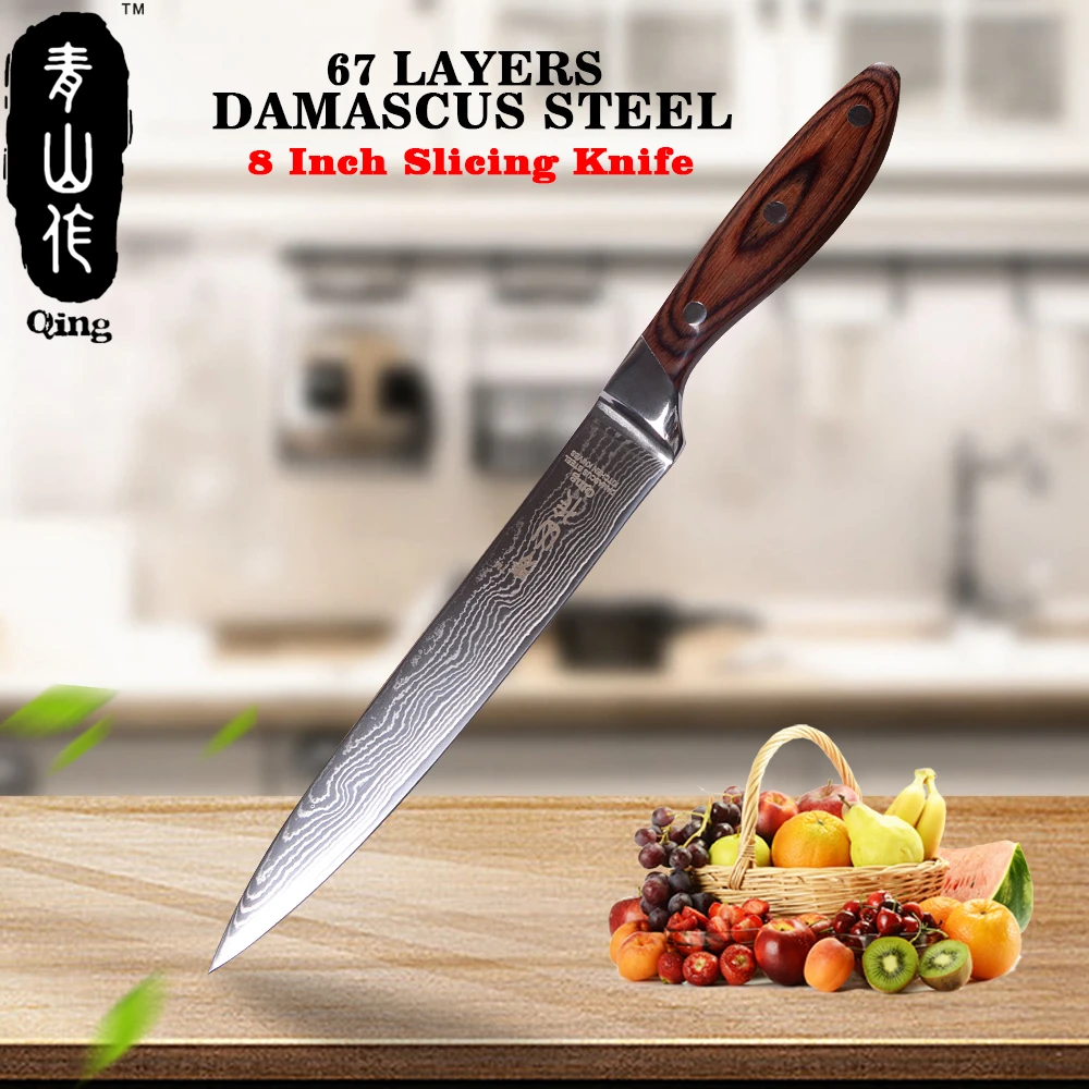 

QING 8" Japanese Damascus Slicing Filleting Sushi Knife VG10 Damascus Steel Cooking Tool Black Color Wood Handle Kitchen Knife