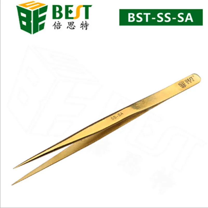 

BST-SS-SA Tweezer Stainless Steel Tweezers Ultra-Pointed High Hardness Tweezers Gold-Plated Wear-Resistant Hand Tool Fixture