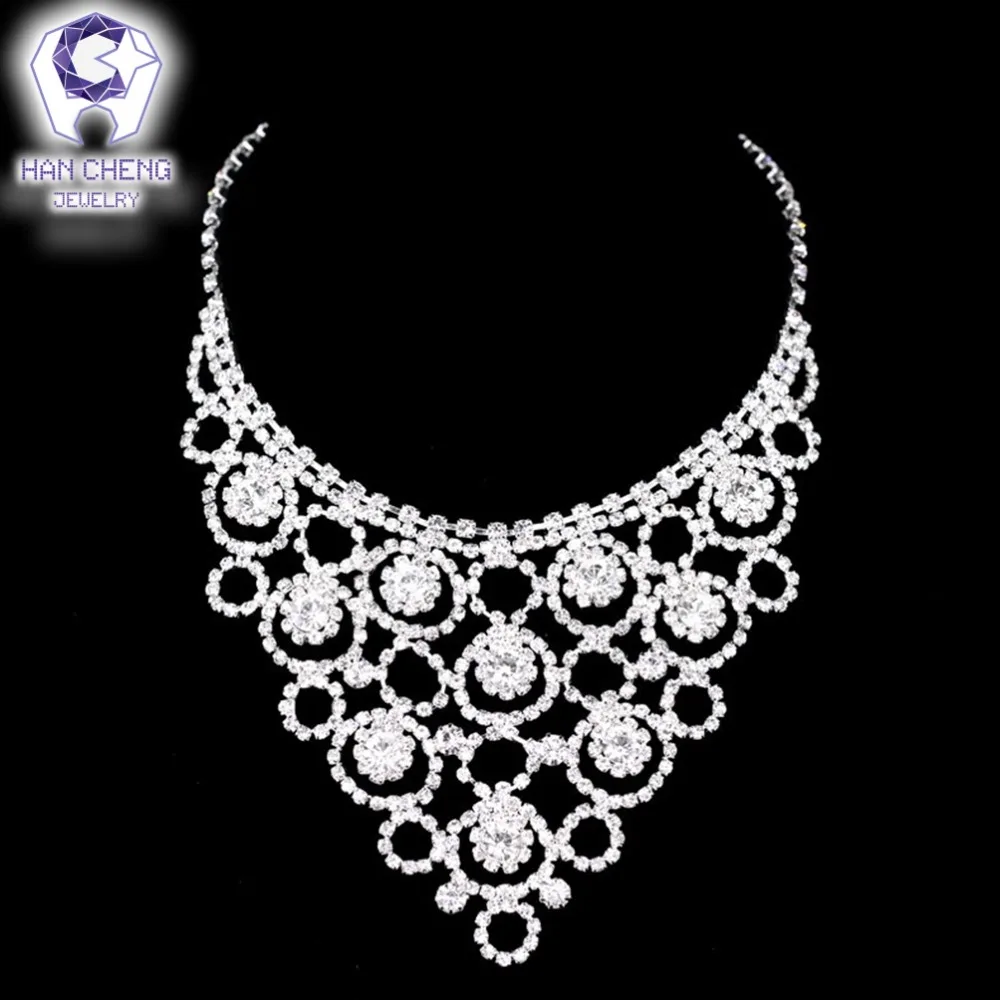 HanCheng Fashion Luxury Wedding Silver Plated Bride Rhinestone Hollow Flowers Necklace/Earrings For Women Jewelry Set Parures | Украшения и
