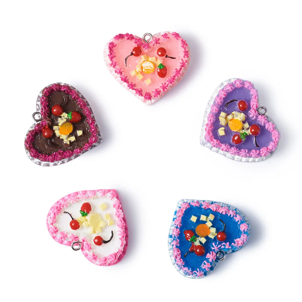 

5pcs 28x33x11mm Mini Food Resin Cake Pendants Heart-Shaped Dessert Charms Mix for Key Chain DIY Jewelry Making Supplies