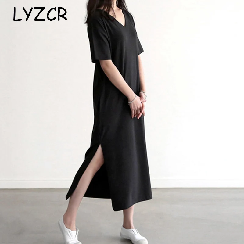 Платье LYZCR женское длинное с разрезом повседневное облегающее офисное футболка