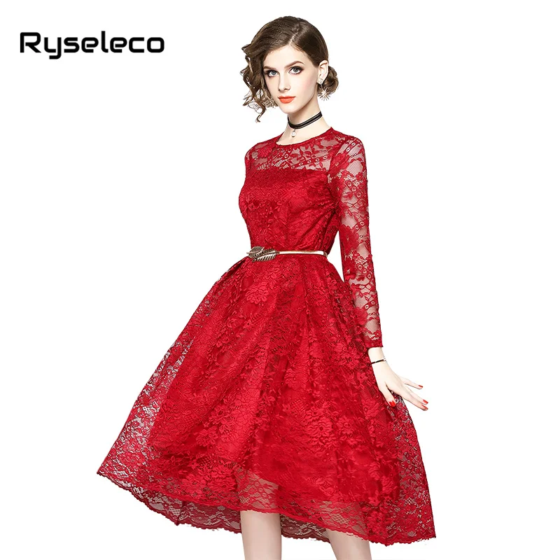 

Women Autumn Mesh Floral Lace Dress Runway Ladies Long Sleeve O-Neck Party Dresses Elegant Female Casual Sexy Flare Midi Vestido
