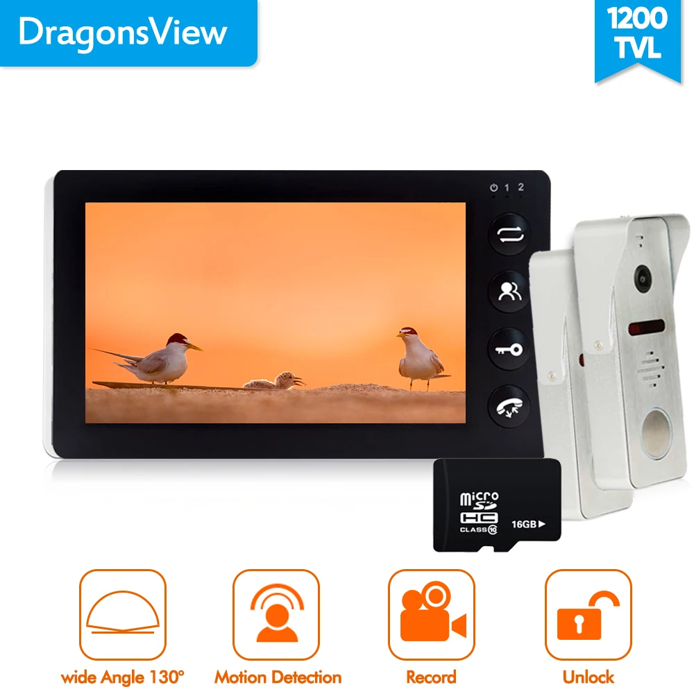 Dragonsview 7 дюймов видеодомофон с записью 16 Гб sd карта 1 черный внутренний монитор + 2