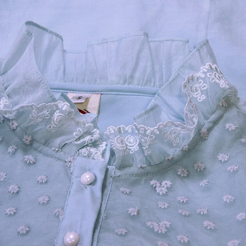 Shirts Polyester Women 2018 WoMen Blouses &amp Shirt Vintage Full Solid Stand Light Blue FGZ76 | Женская одежда