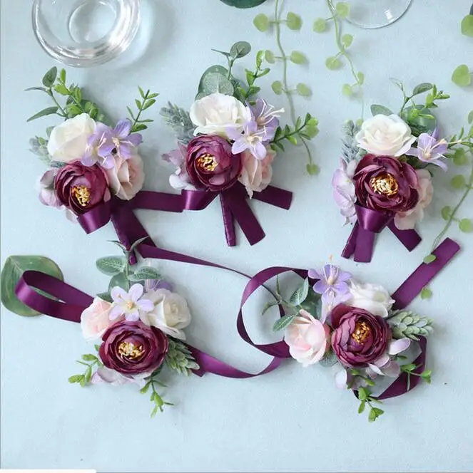 

10Pcs Purple corsage flower Free shipping bride groom bridesmaids corsage brooch hand wrist flower wedding photography props