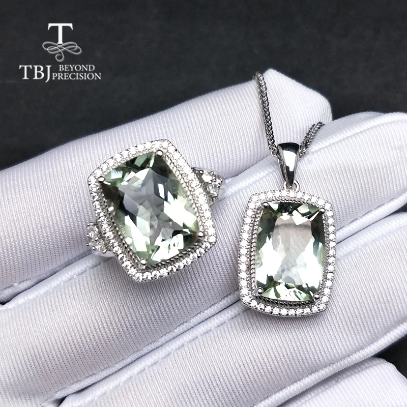 

TBJ,Big natural green amethyst quartz gemstone jewelry set pendant and ring in 925 sterling silver classic trendy gift for women