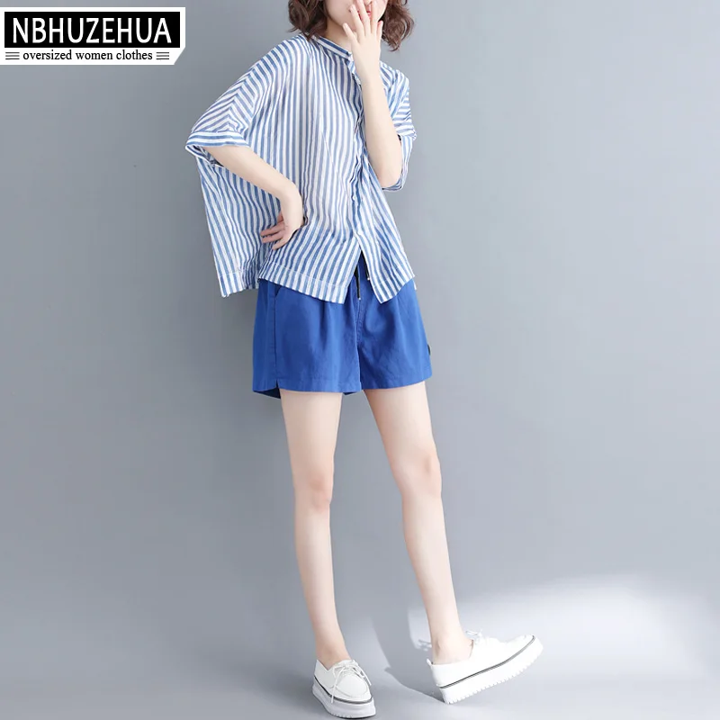 blouses shirts Nbhuzehua A305 Для женщин Летняя блузка рубашка большого размера в полоску базовые Топы Женская Винтаж Костюмы Свободная блузка 4XL 5XL 6XL - Цвет: blouses shirts