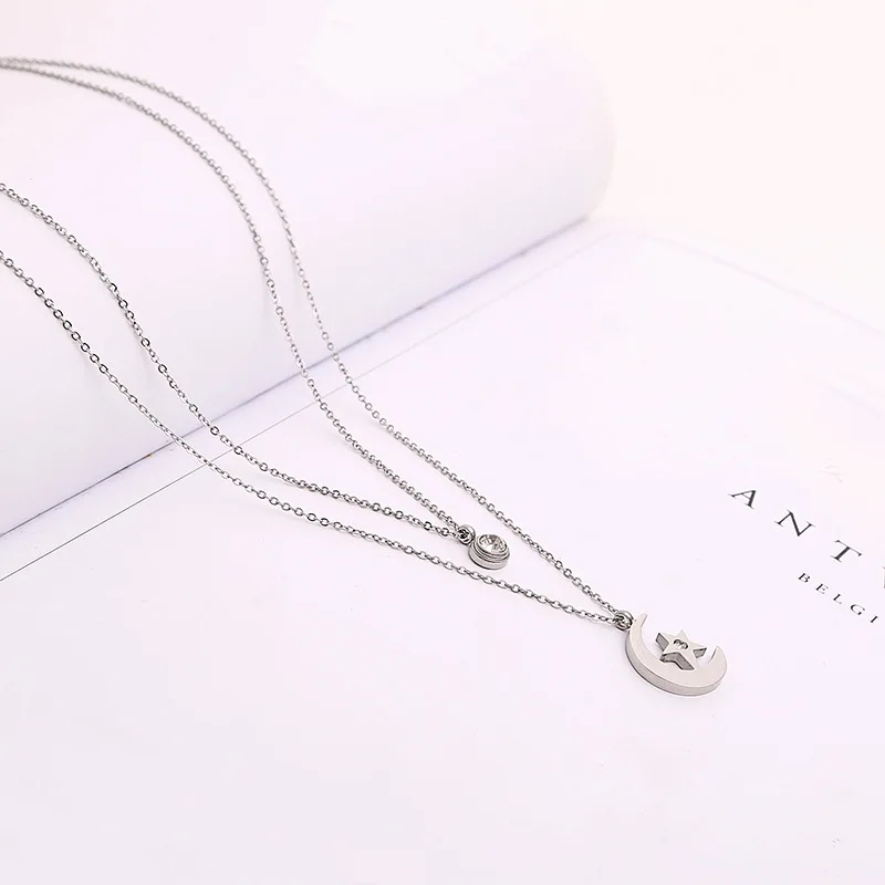 Сверкающая Луна и звезда кулон многослойное ожерелье титановое колье из