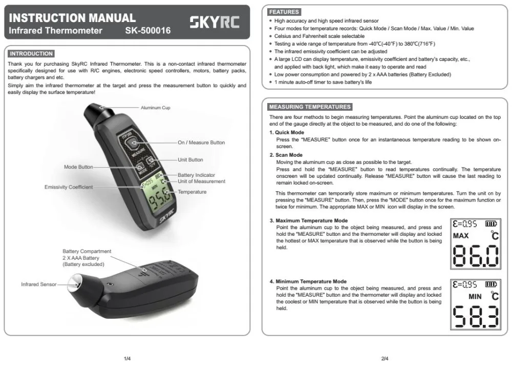 SKYRC инфракрасный термометр светодиодный дисплей с экраном инфракрасный датчик для контроллера RC двигатели ESC двигатели аккумуляторные батареи зарядное устройство