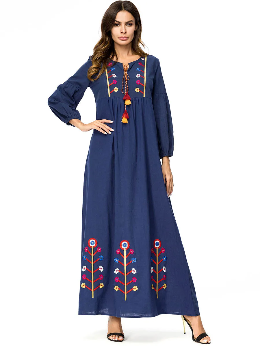 Арабский Платье Полный рукавом Высокая талия 2018 осень вышивка большие размеры