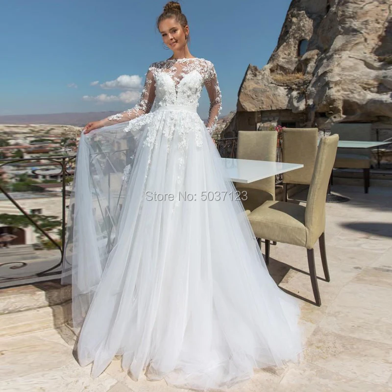 Трапециевидные Свадебные платья Vestido De Novias кружевные аппликационные цветы с