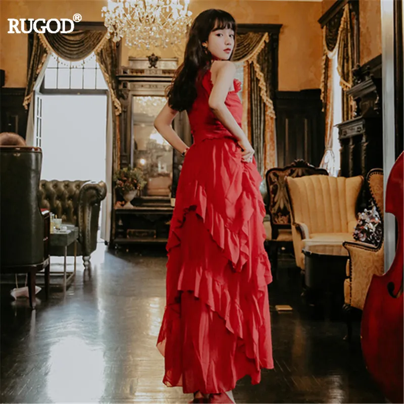 Женское вечернее платье RUGOD красное с асимметричным подолом и оборками длинное