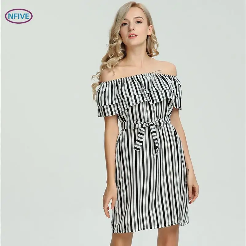 NFIVE Brand 2018 Women Thin Middle Dresses European American Summer Printing Vestidos Sexy Strapless Loose Waist Chiffon Dress | Женская