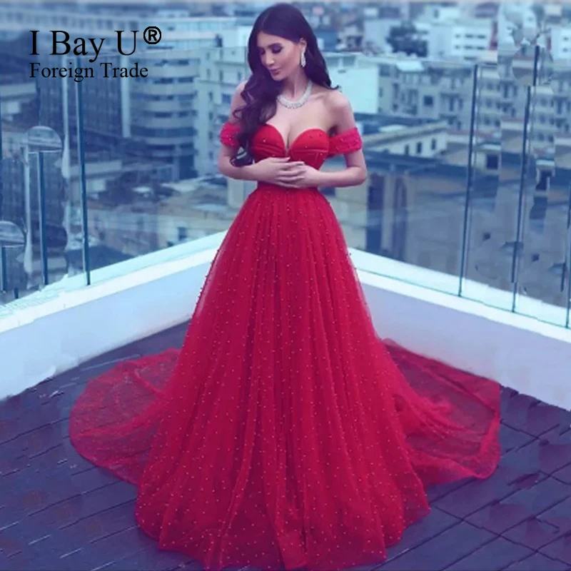 

Arabic Oriental Off The Shoulder Full Pearl Red Evening Dresses 2020 Sweetheart Full Beaded Tulle Sexy Prom Gowns Bride Dress