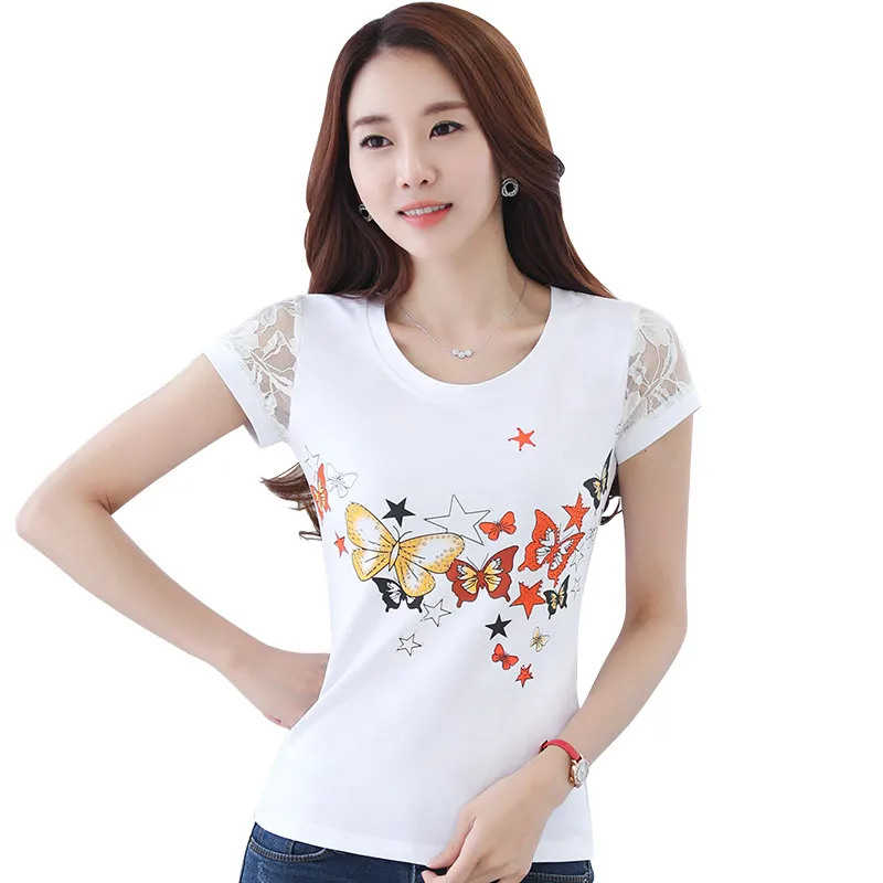 Женская Кружевная футболка со стразами Camisetas Mujer белая с принтом лето 2019 | одежда
