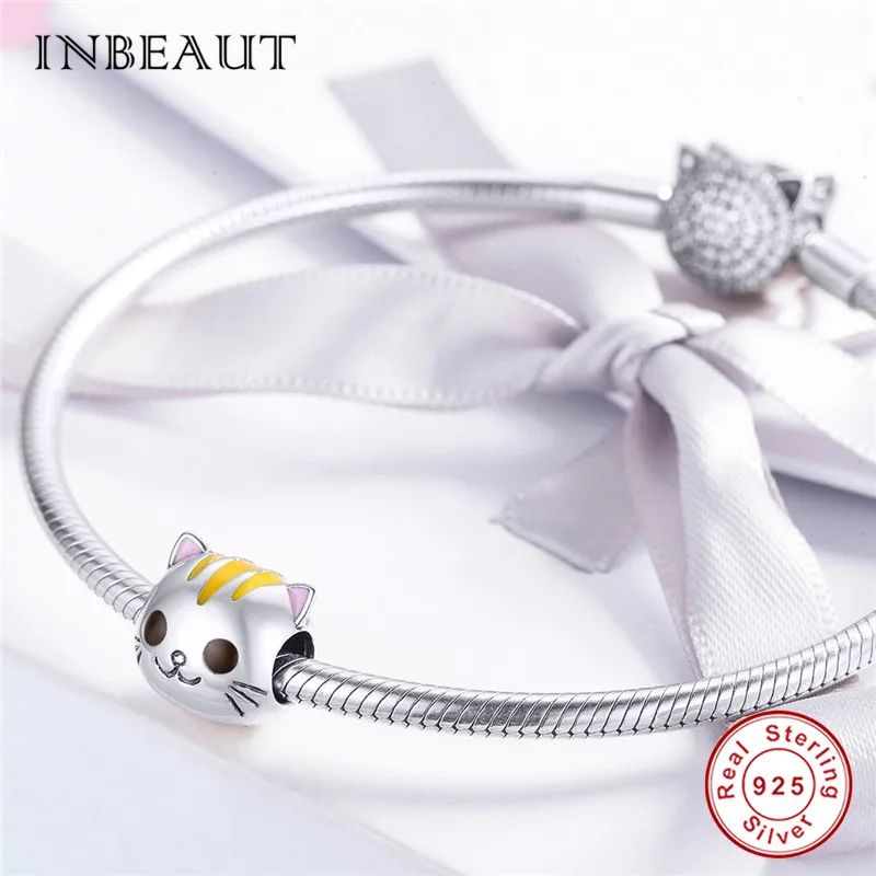 INBEAUT 100% 925 пробы Серебристые желтые волосы и розовые уши кот девушка бусины