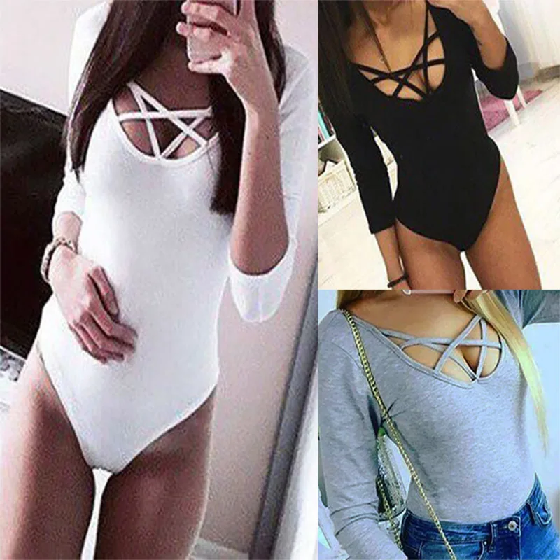 Women Long Sleeve Sexy Playsuits Rompers Bandage V Neck Skinny Bodysuits|Боди| |