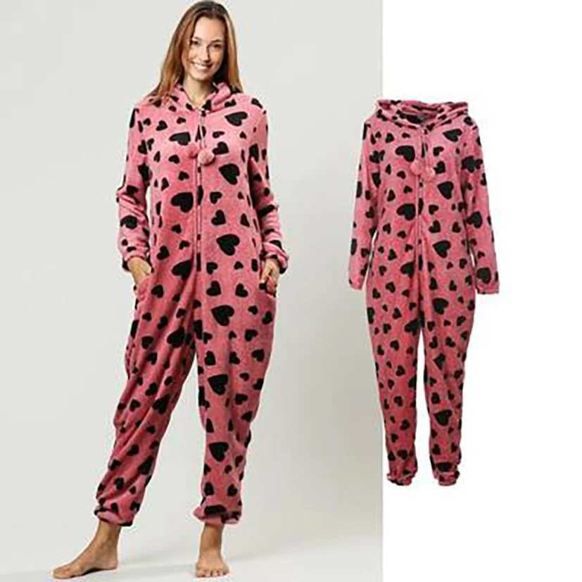 Centuryestar зима Рождество Onesie для взрослых женщин одна деталь плюс пижамы животных корова Сердце печати фланелевая с капюшоном на молнии Pijama