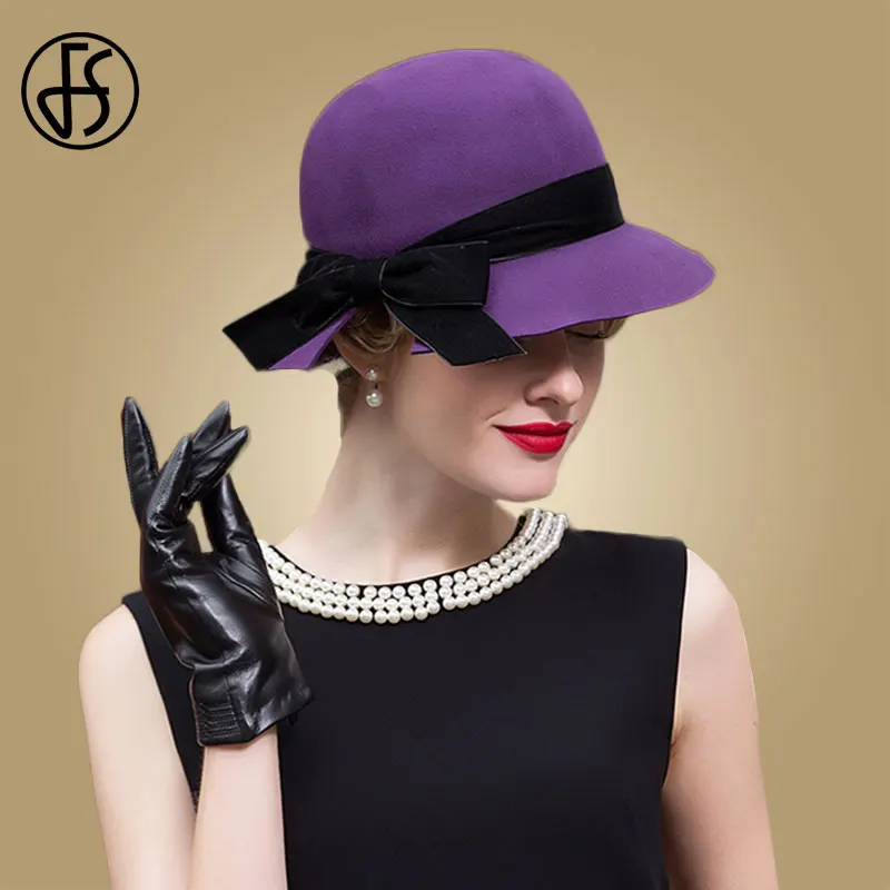 

FS 2019 Purple Hat Women Fedora Winter Wide Brim Wool Felt Fedora Hats Fashion Vintage Cloche Church Chapeau Feutre Femme