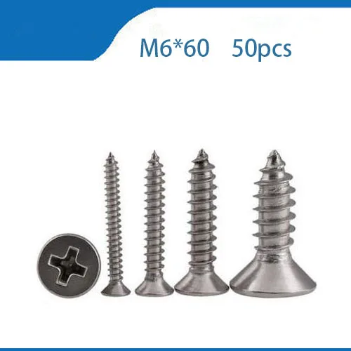 50 шт./лот M6 * 60 саморез с потайной головкой из нержавеющей стали|cross recessed|self tapping